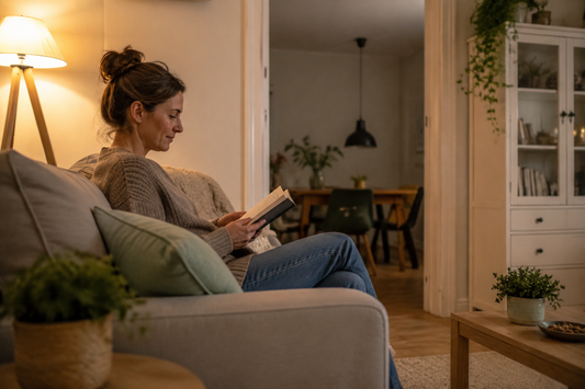 Iemand zit op een gewone avond rustig thuis op de bank