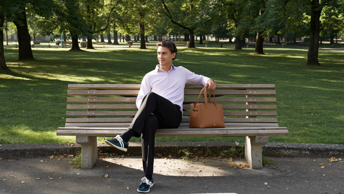 Een man van in de twintig zit ontspannen op een houten bank in een groen park in de ochtend