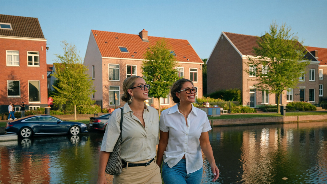 Twee vrienden van begin dertig lopen ontspannen naast elkaar langs een rustige gracht in een woonwijk in de vroege avond