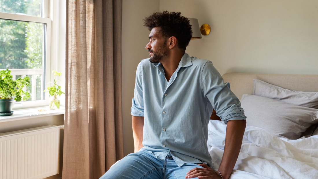 Een man zit op de rand van zijn bed en kijkt rustig naar buiten in het ochtendlicht