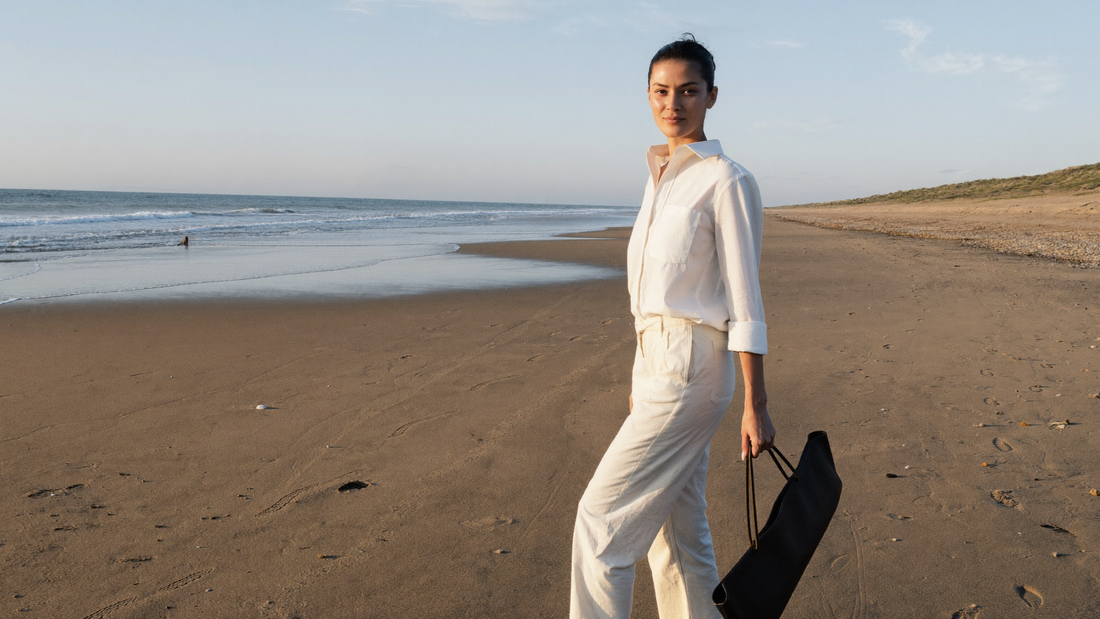 Een vrouw van midden dertig wandelt ontspannen over een breed zandstrand in de vroege ochtend