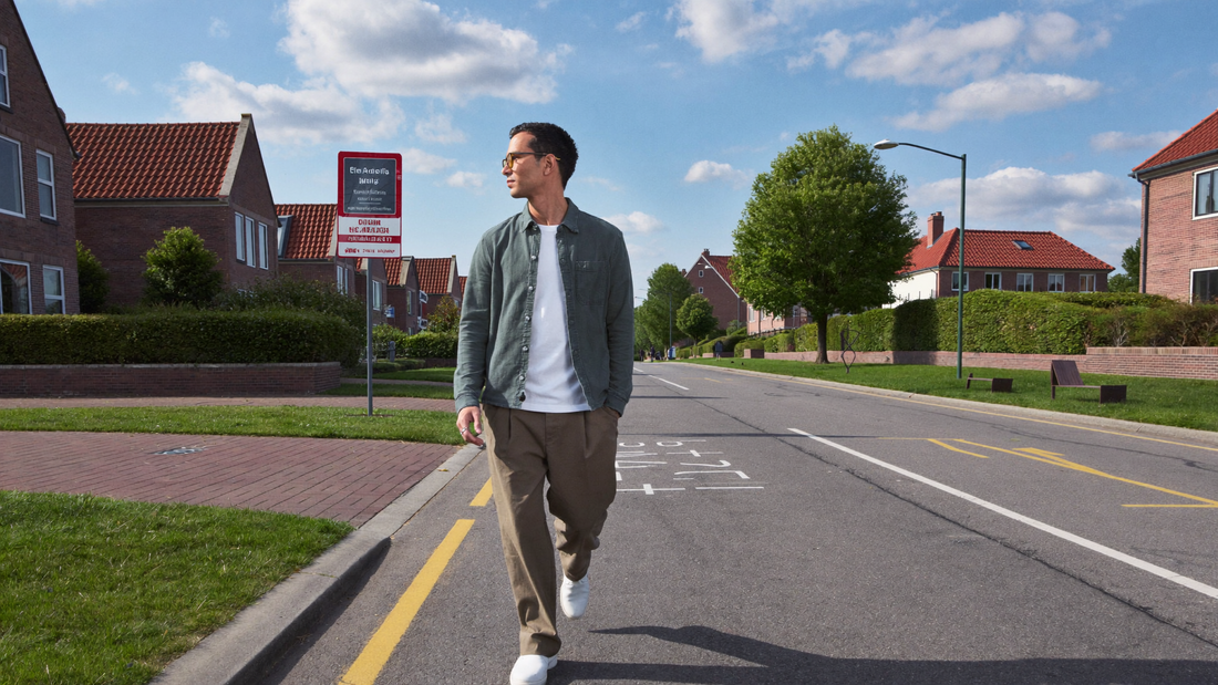 Een man van begin dertig loopt ontspannen door een rustige woonstraat met bakstenen huizen en groene voortuinen op een zonnige zaterdagochtend