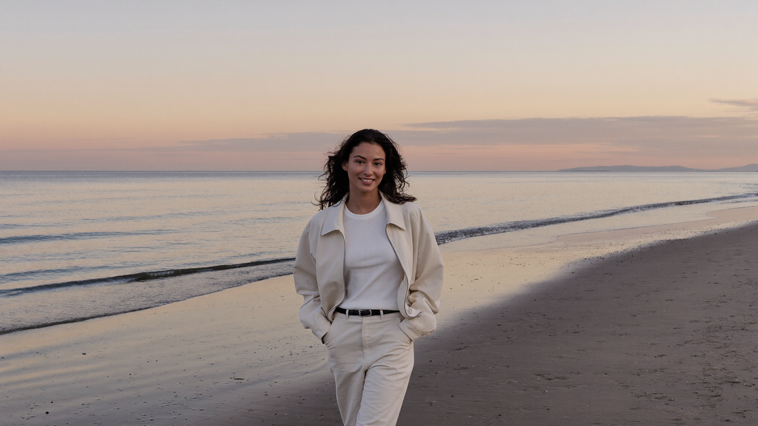 Een jonge vrouw loopt rustig langs de zee in het vroege ochtendlicht