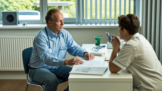 Een man van rond de vijftig zit in een lichte spreekkamer tegenover een arts en bespreekt rustig een plan