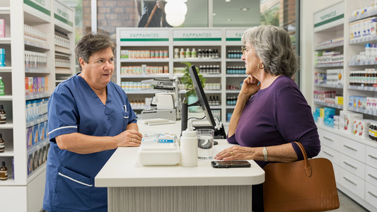 Een apotheker praat vriendelijk en rustig met een vrouw van in de vijftig aan de balie van een lichte, moderne apotheek