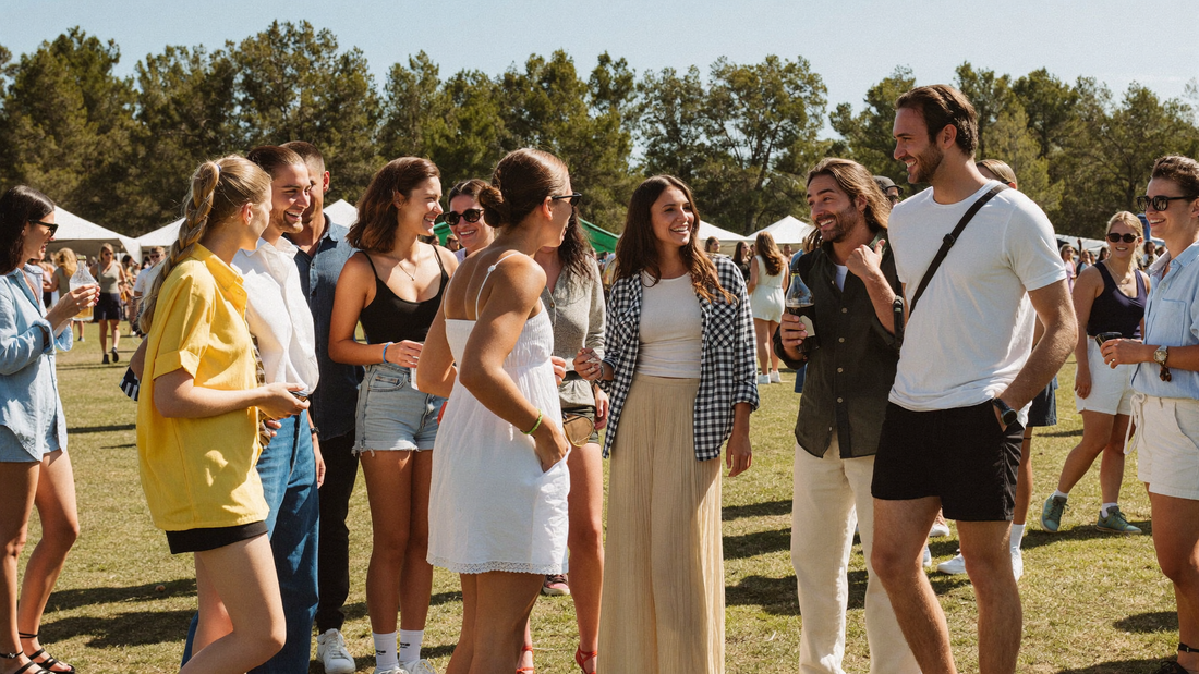 Een groep vrienden van rond de vijfentwintig lacht en praat samen op een zonnig festivalterrein in de middag