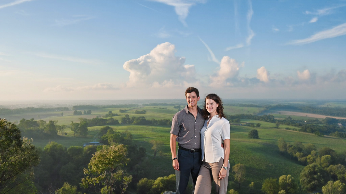 Een stel van begin dertig staat in het ochtendlicht op een uitzichtpunt en kijkt over een groen landschap