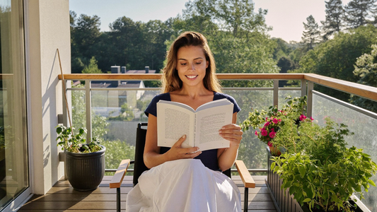 Een vrouw van eind dertig zit op een rustige ochtend met een boek op haar balkon