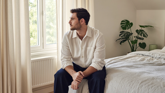 Een man van begin dertig zit op een rustige ochtend op de rand van zijn bed