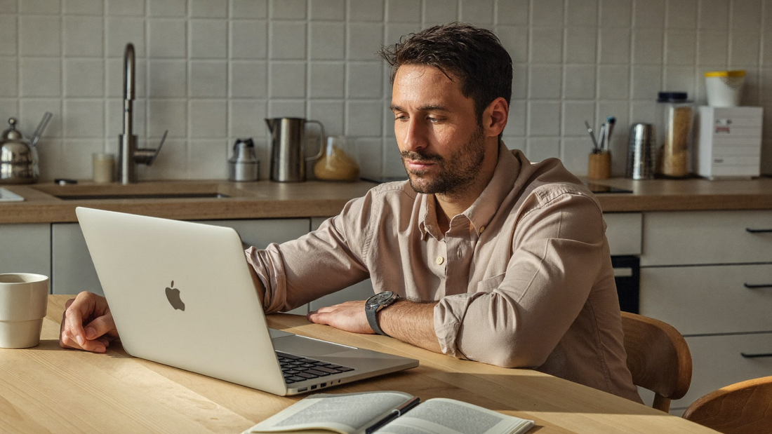 Een man van in de dertig zit aan een keukentafel met een laptop en een kop koffie en kijkt rustig naar het scherm