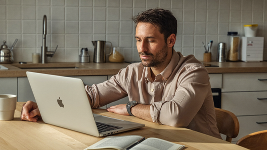 Een man van in de dertig zit aan een keukentafel met een laptop en een kop koffie en kijkt rustig naar het scherm
