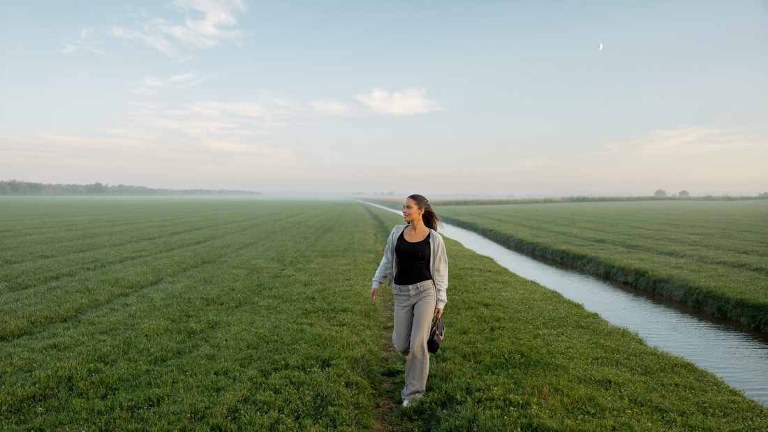 Een vrouw van midden dertig wandelt ontspannen over een grasdijk in de vroege ochtend, met de groene polder en kalm water ernaast