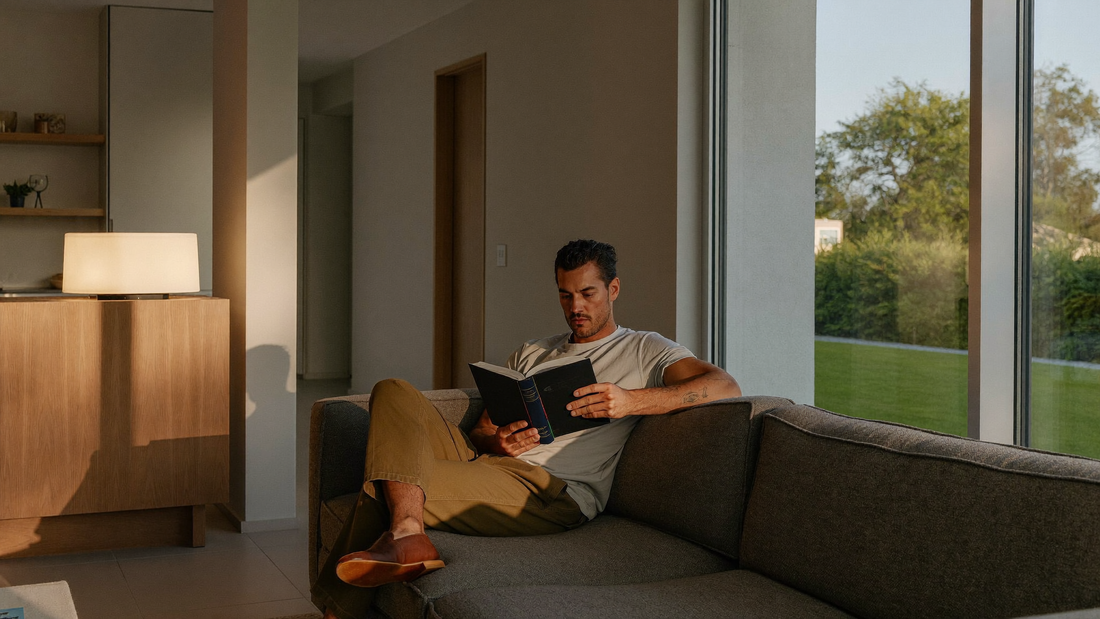 Een man van midden dertig zit ontspannen met een boek op de bank bij een groot raam in het vroege avondlicht